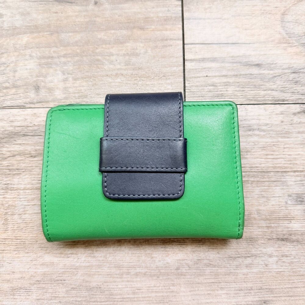 Vintage Colorblock Genuine Leather Wallet Green Navy Blue Snap Closure